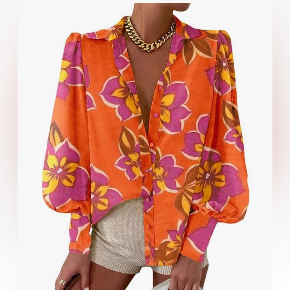 Amazon Orange and Purple Bell Sleeve Button Down Shirt